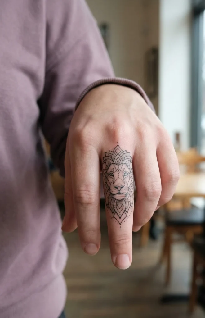Delicate Geometric Linework Lion Finger Tattoo