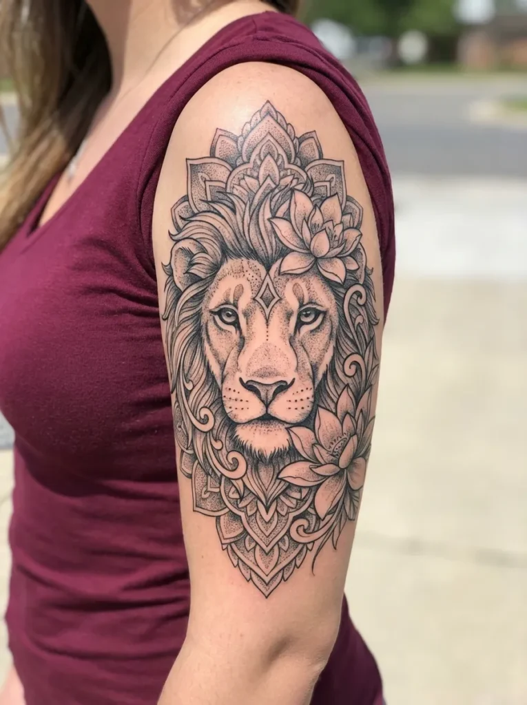 Feminine Mandala Lion with Lotus Accents