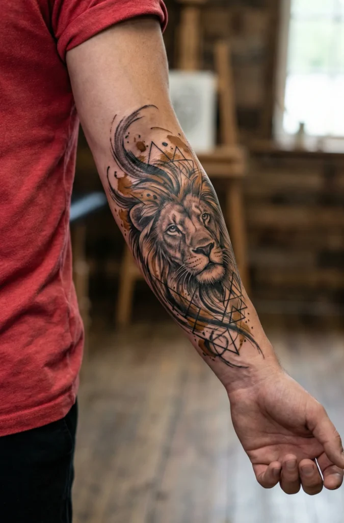 Forearm Lion Tattoo with Abstract Mane Design