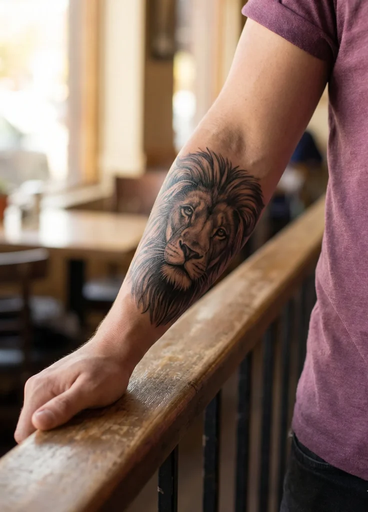 Forearm Lion Tattoo with Black and Grey Shading