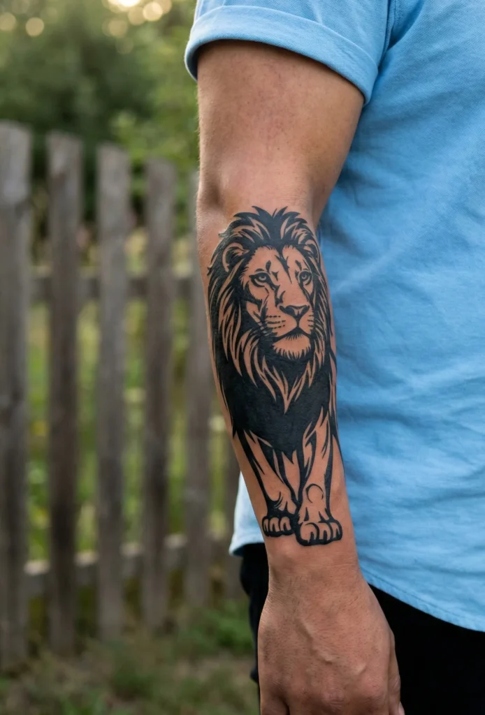 Forearm Lion Tattoo with Bold Blackwork Style