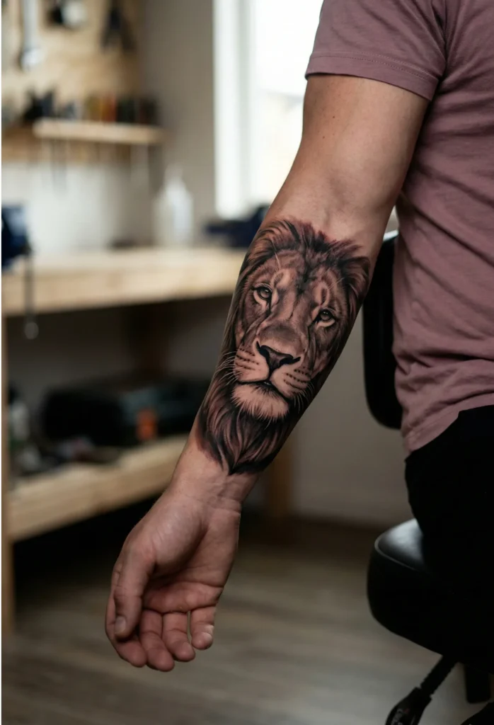 Forearm Lion Tattoo with Calm Expression Portrait