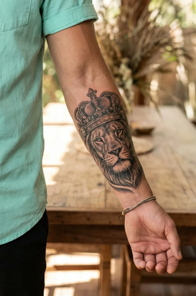 Forearm Lion Tattoo with Crowned Lion Head