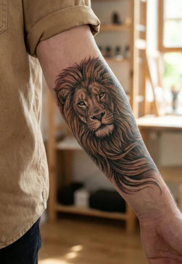 Forearm Lion Tattoo with Detailed Mane Flow