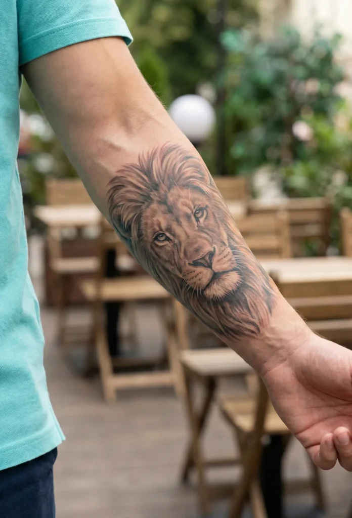 Forearm Lion Tattoo with Diagonal Face Angle