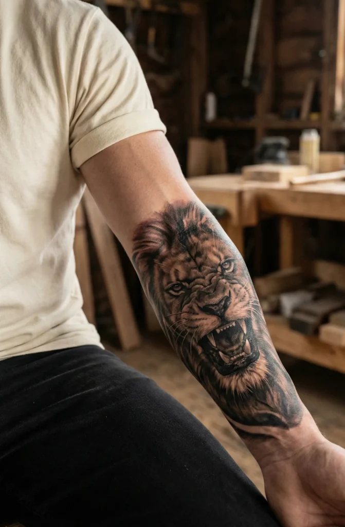 Forearm Lion Tattoo with Fierce Expression Design