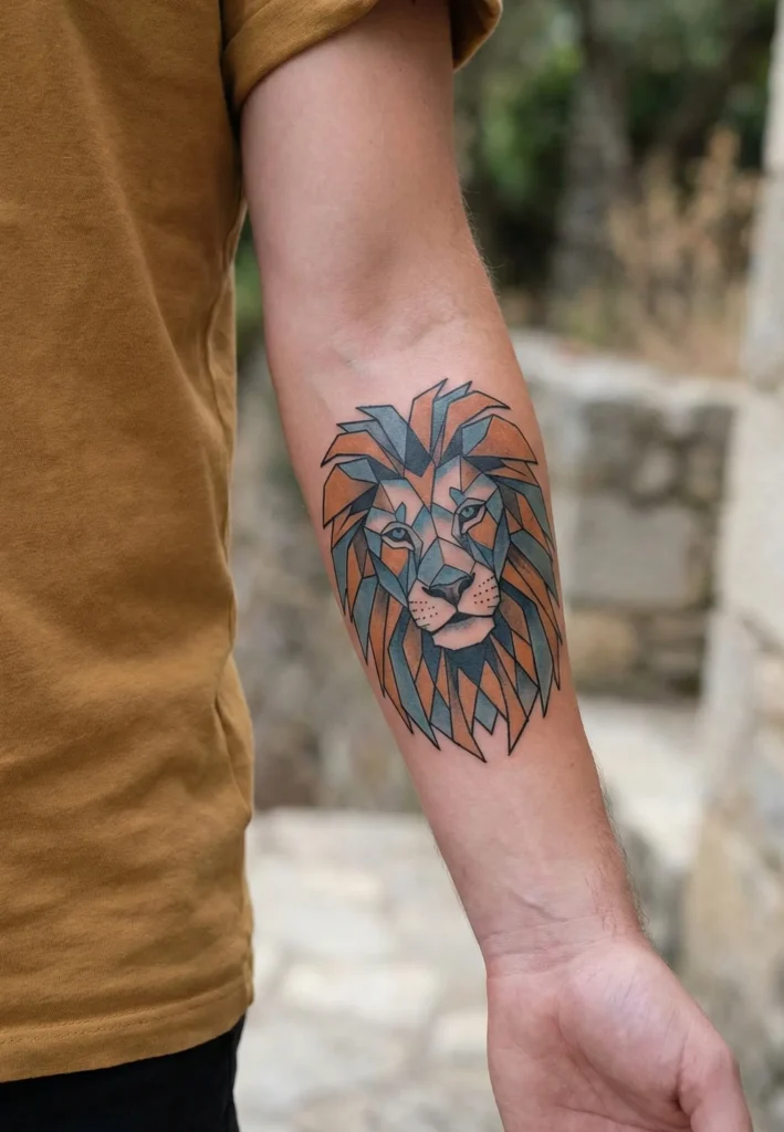 Forearm Lion Tattoo with Geometric Face Pattern