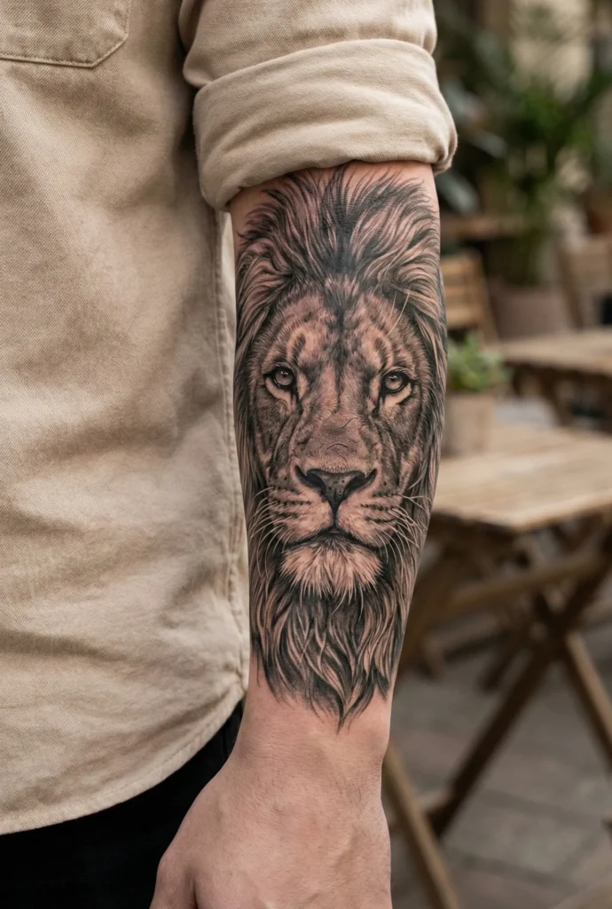 Forearm Lion Tattoo with High-Detail Realism