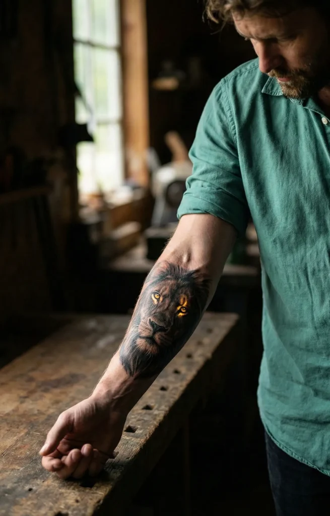 Forearm Lion Tattoo with Lion Head Emerging from Shadows