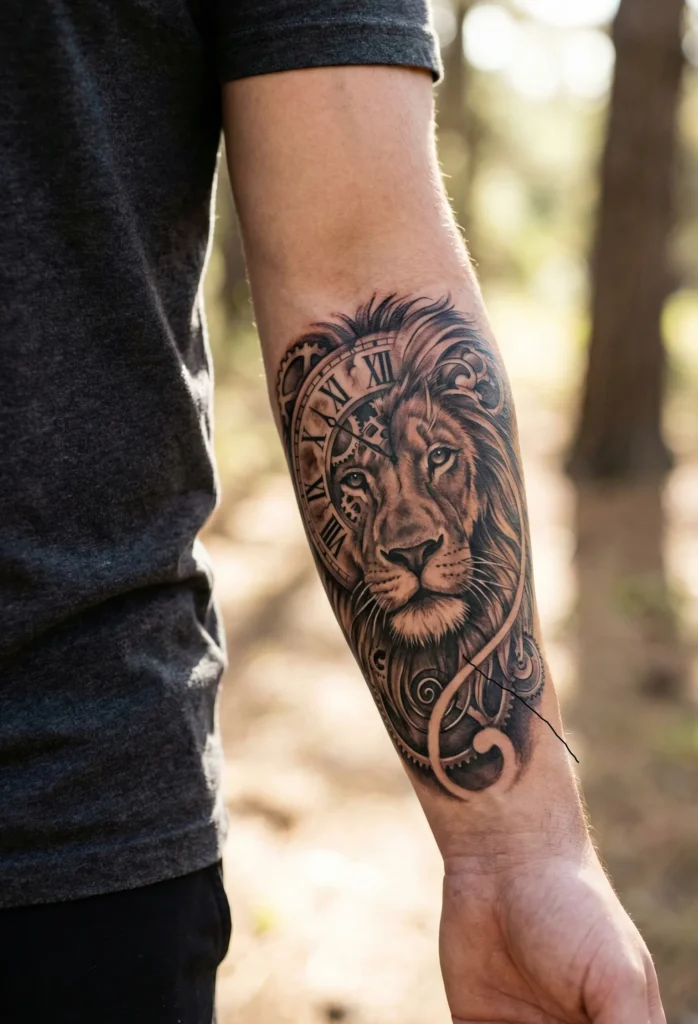Forearm Lion Tattoo with Lion and Clock Fusion