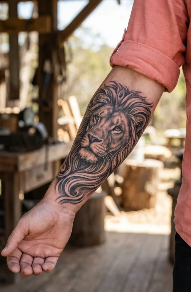 Forearm Lion Tattoo with Mane Flow Following Arm Shape