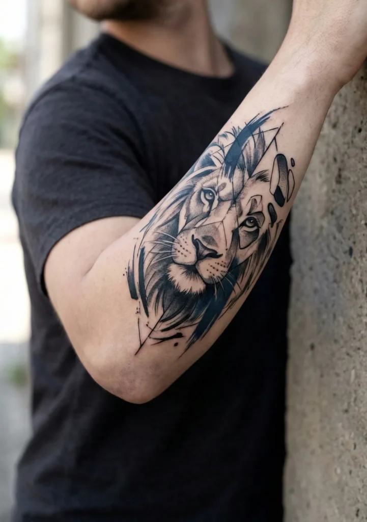 Forearm Lion Tattoo with Modern Artistic Layout