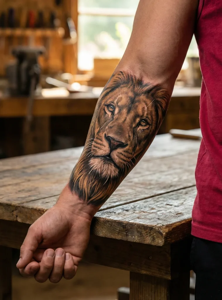Forearm Lion Tattoo with Realistic Portrait Style