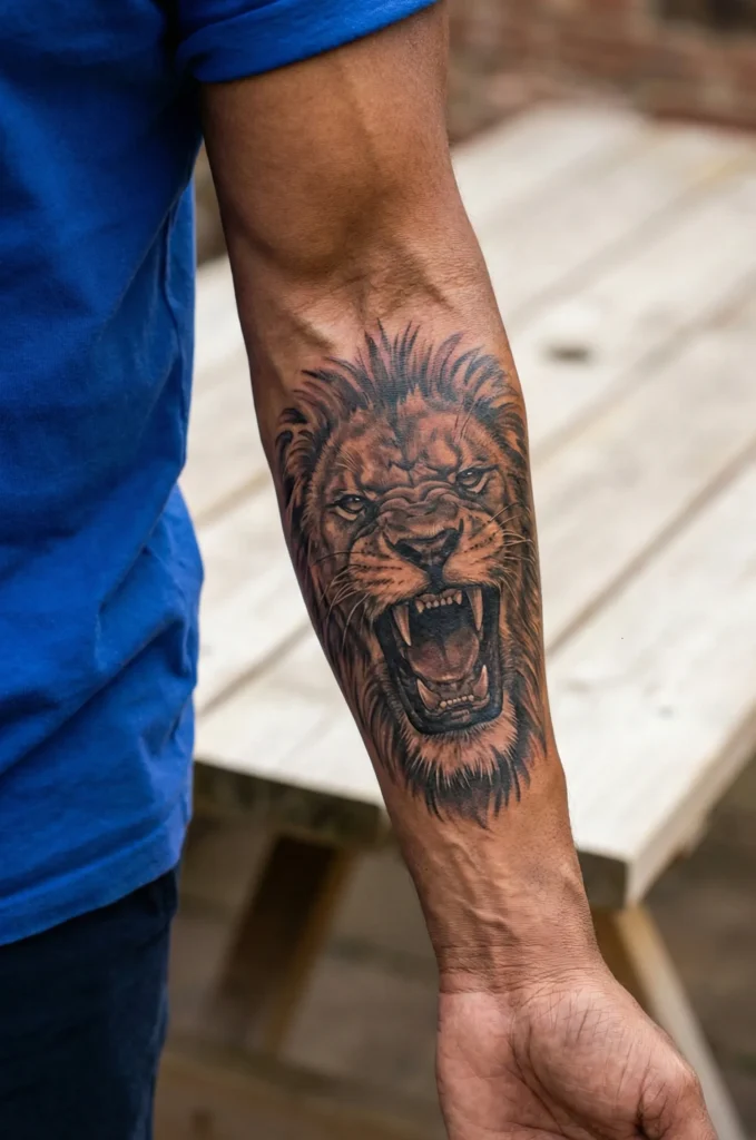 Forearm Lion Tattoo with Roaring Face Design