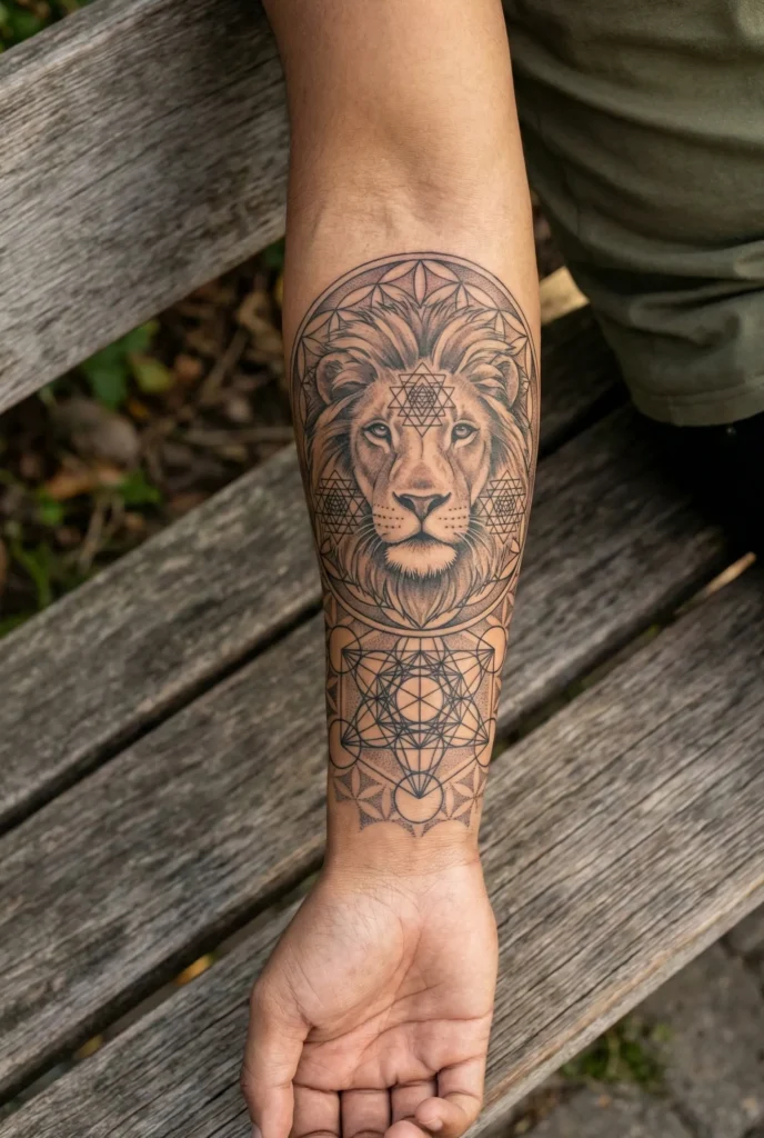 Forearm Lion Tattoo with Sacred Geometry Elements