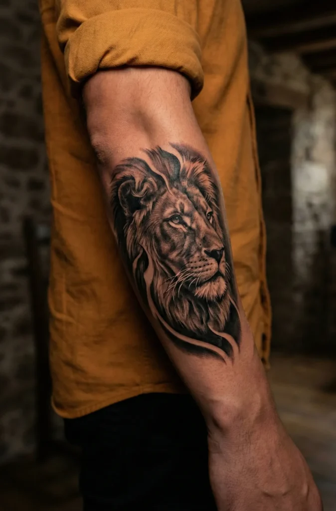Forearm Lion Tattoo with Shadow Depth Effect