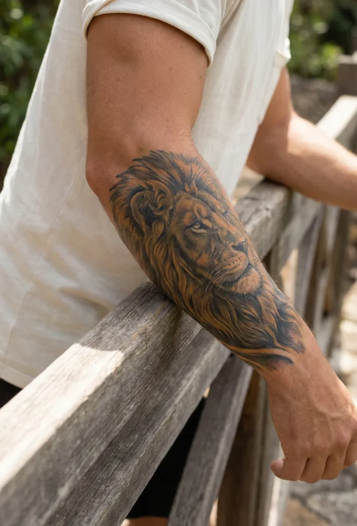 Forearm Lion Tattoo with Side Profile Angle