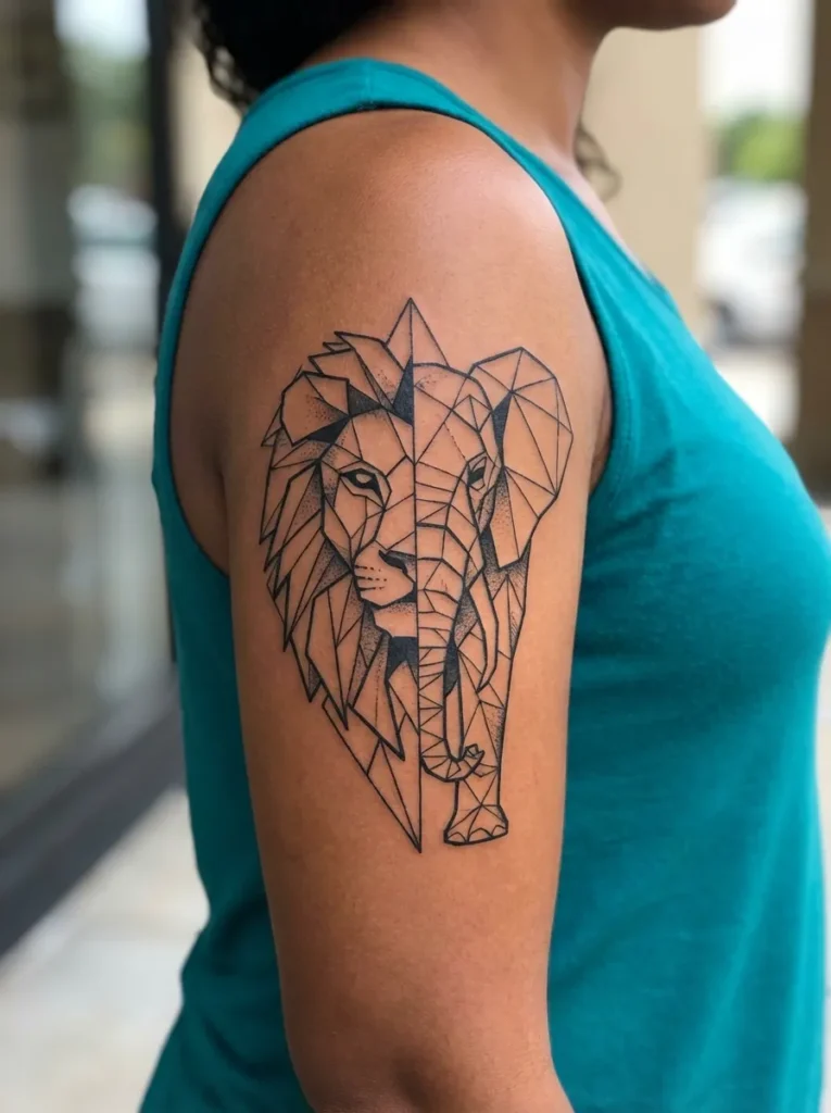 Geometric Half Lion Half Elephant Tattoo