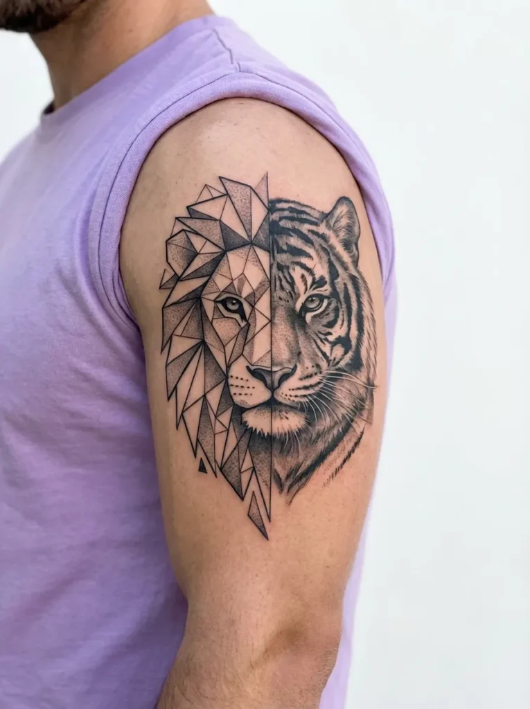 Geometric Half Lion Half Tiger Tattoo
