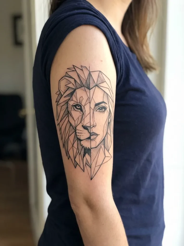 Geometric Half Lion Half Woman Tattoo