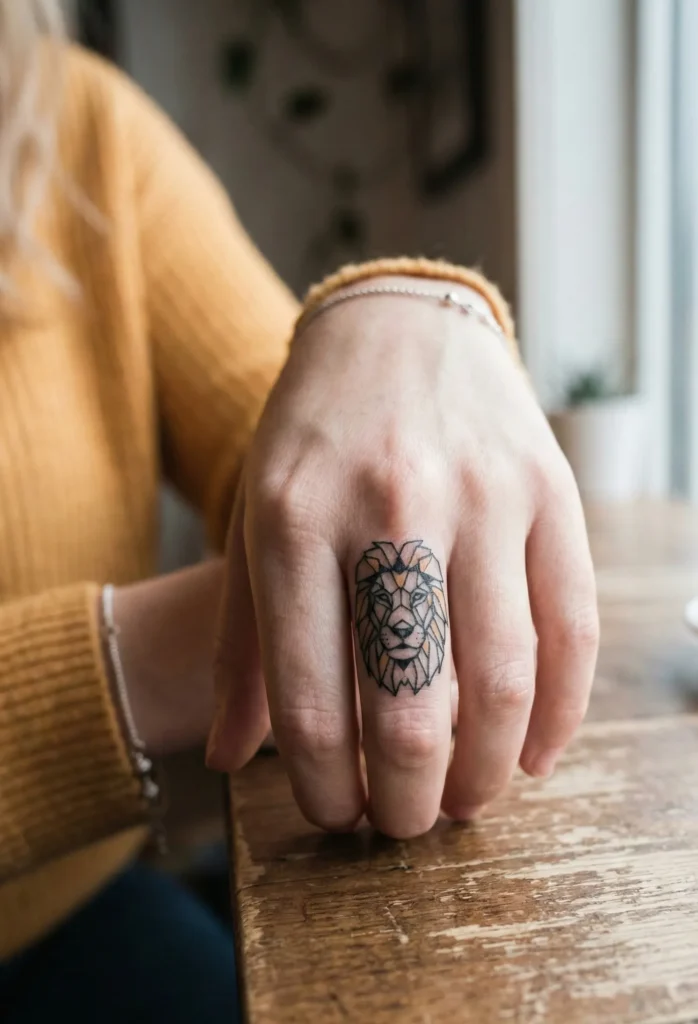 Geometric Lion Finger Tattoo