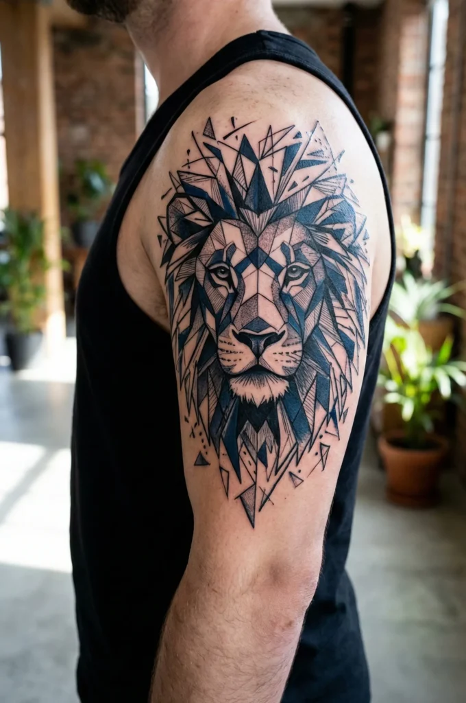 Geometric Lion Tattoo with Abstract Mane Geometry