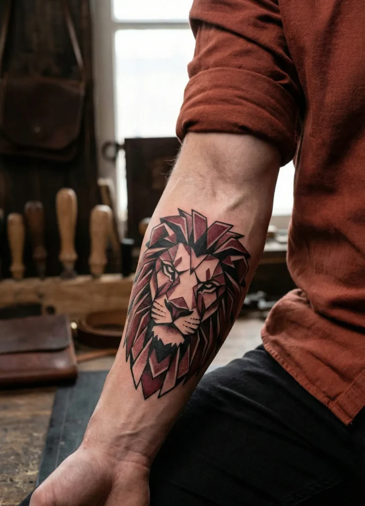 Geometric Lion Tattoo with Angular Face Design