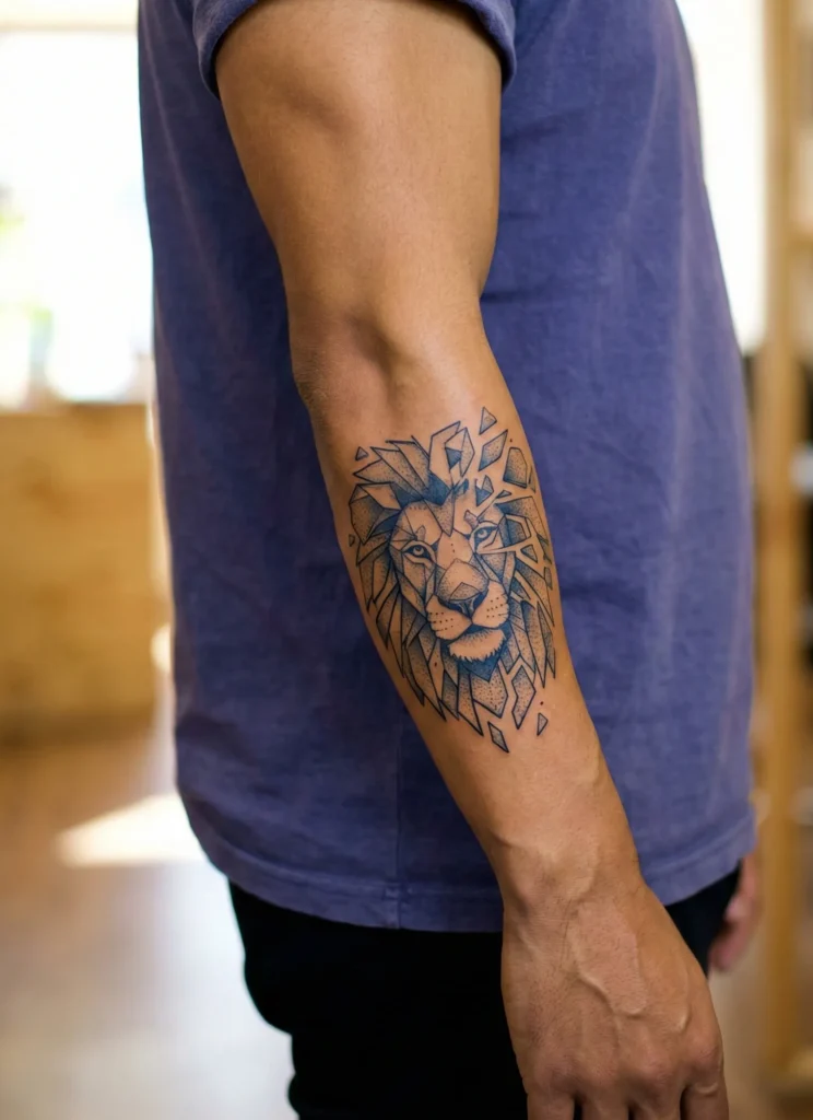 Geometric Lion Tattoo with Fragmented Shape Design