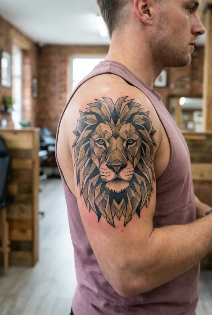 Geometric Lion Tattoo with Interlocking Polygon Patterns