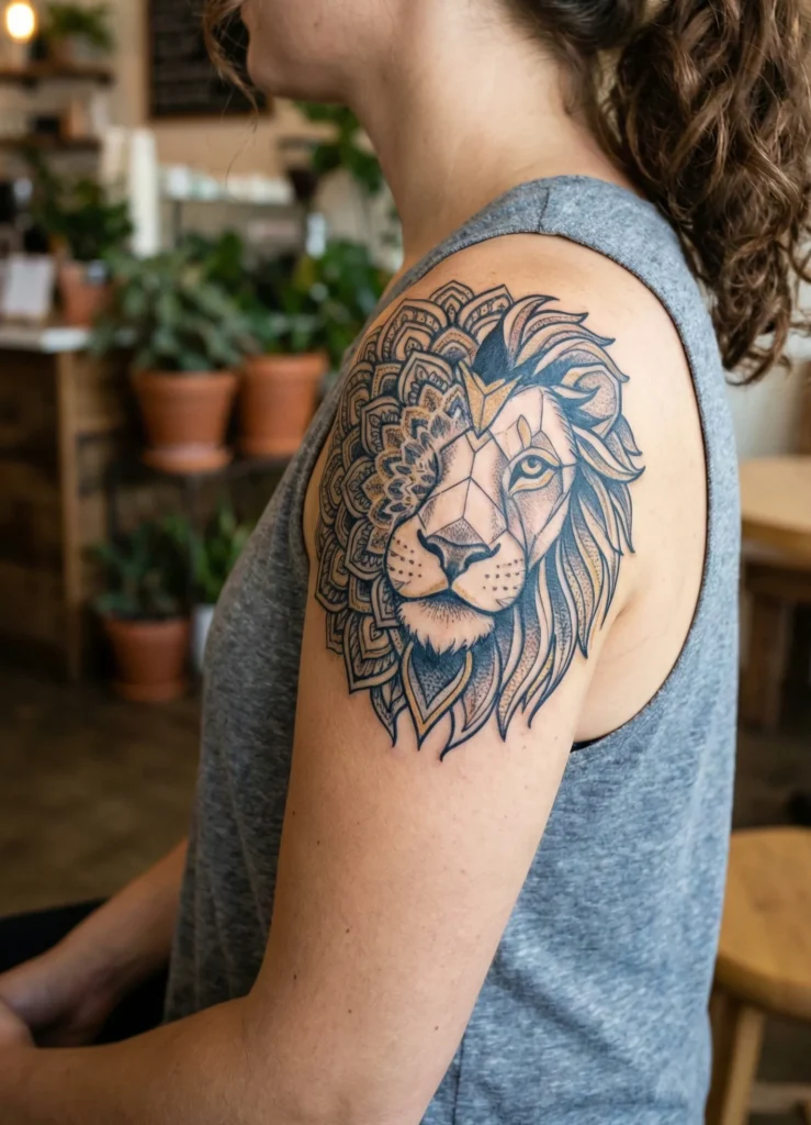 Geometric Lion Tattoo with Mandala Fusion