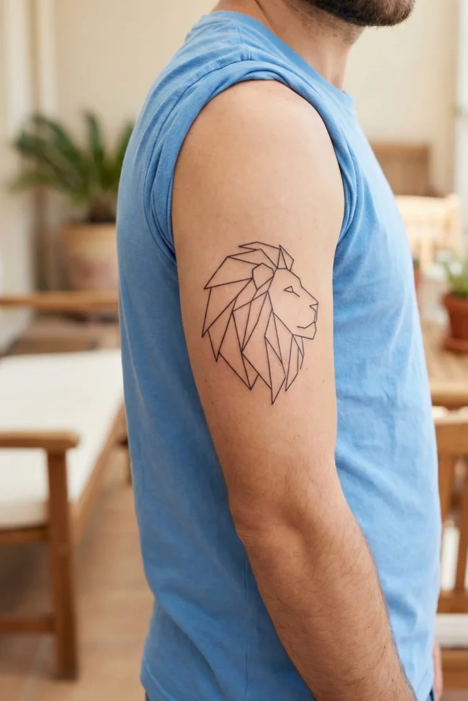 Geometric Lion Tattoo with Minimal Line Art Style
