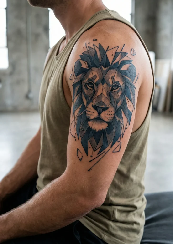 Geometric Lion Tattoo with Modern Artistic Layout