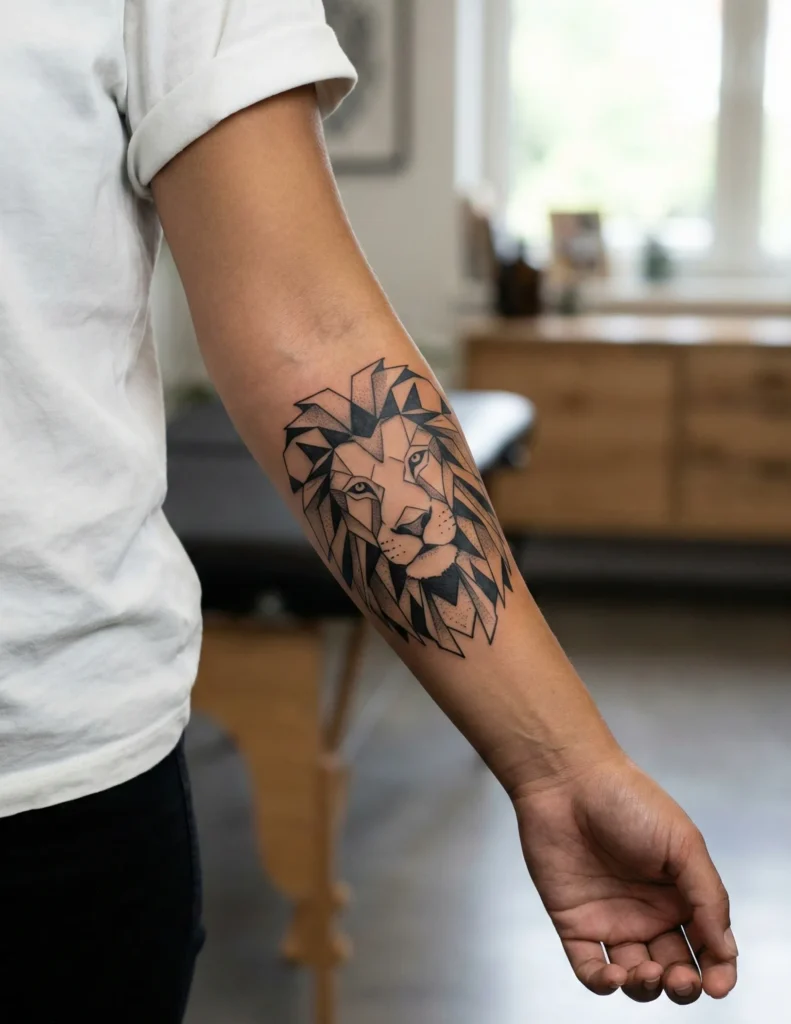 Geometric Lion Tattoo with Negative Space Details