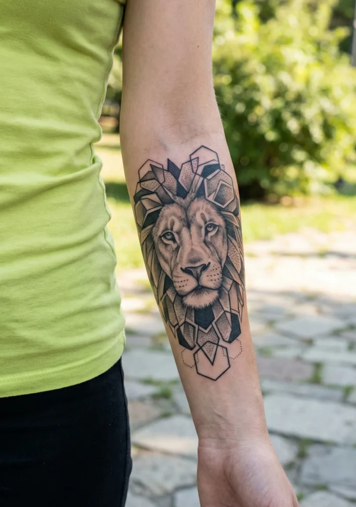 Geometric Lion Tattoo with Polygon Mane Pattern