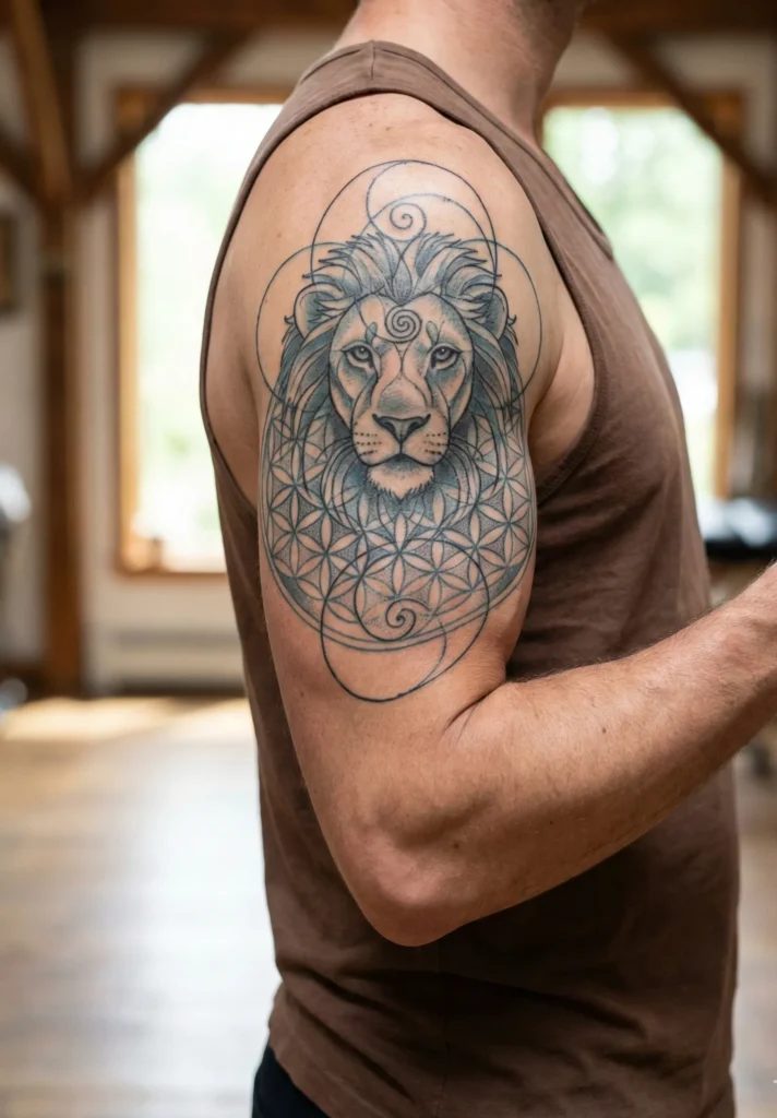 Geometric Lion Tattoo with Sacred Geometry Influence