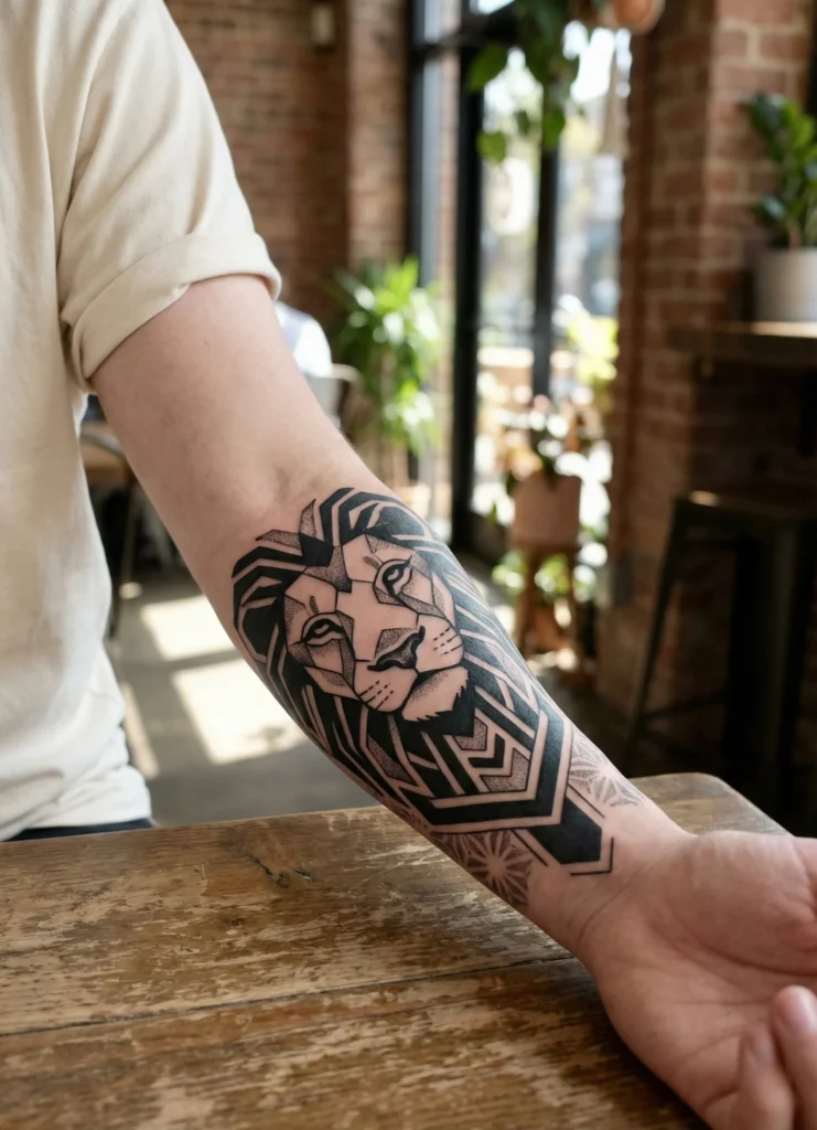 Geometric Lion Tattoo with Sharp Blackwork Contrast