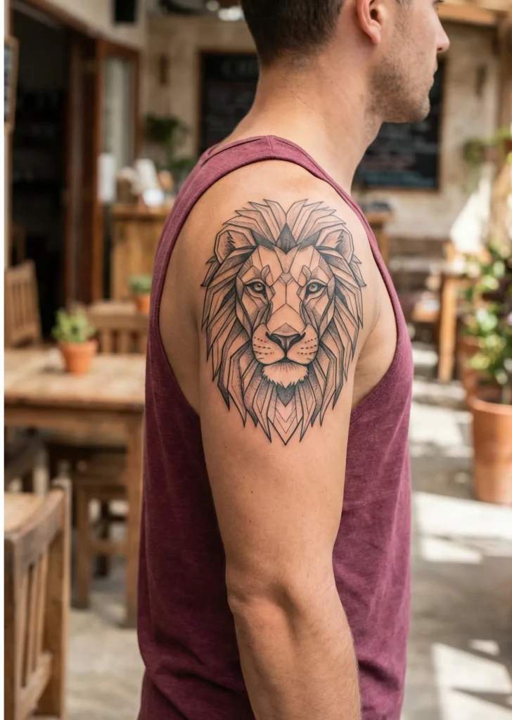 Geometric Lion Tattoo with Symmetrical Linework