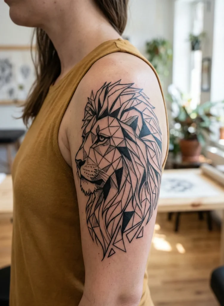 Geometric Lion Tattoo with Triangle-Based Structure