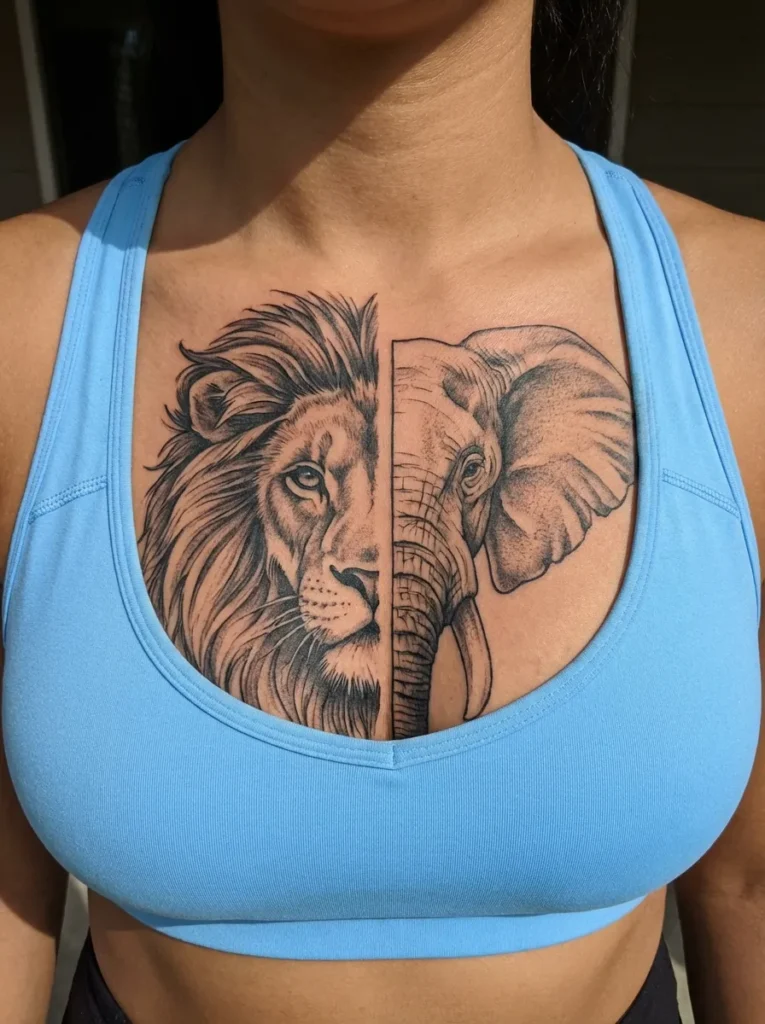 Half Lion Half Elephant Chest Tattoo Design