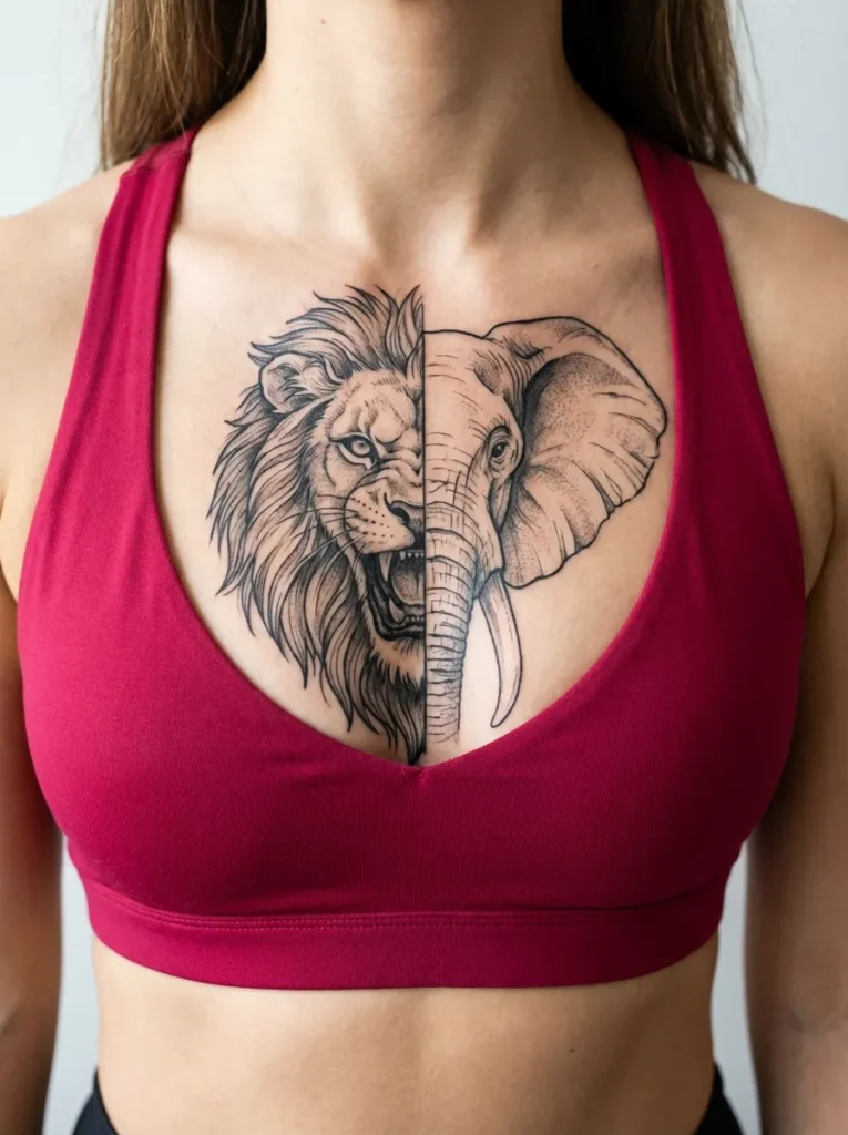 Half Lion Half Elephant Face Tattoo