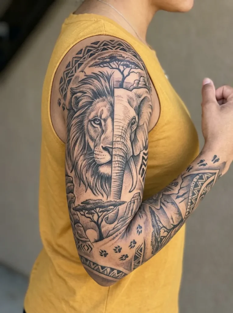 Half Lion Half Elephant Sleeve Tattoo