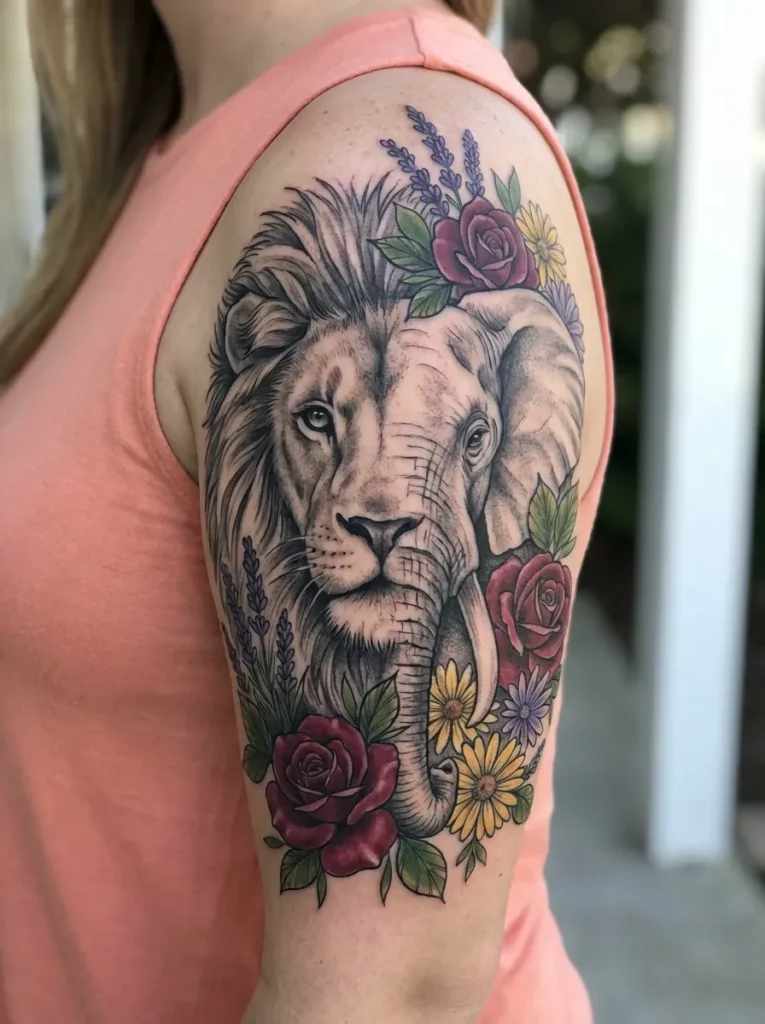 Half Lion Half Elephant with Floral Accents