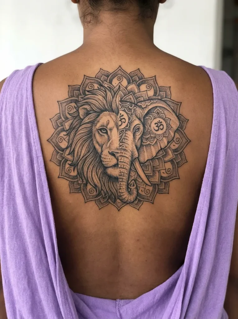 Half Lion Half Elephant with Mandala Background