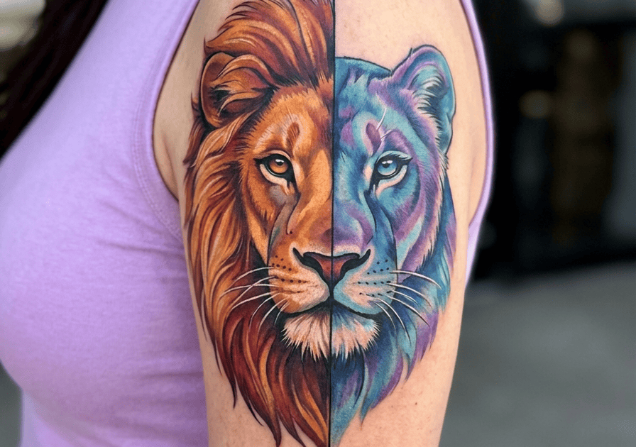 Half Lion Half Lioness Tattoo Ideas