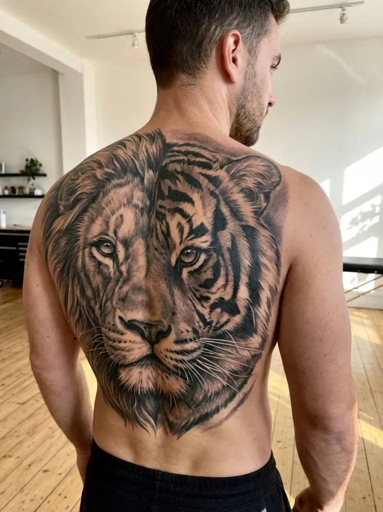 Half Lion Half Tiger Back Tattoo Design