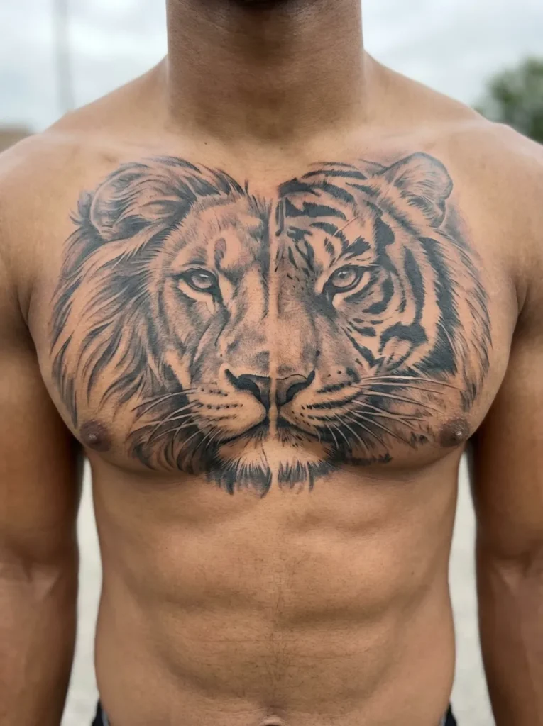 Half Lion Half Tiger Chest Tattoo