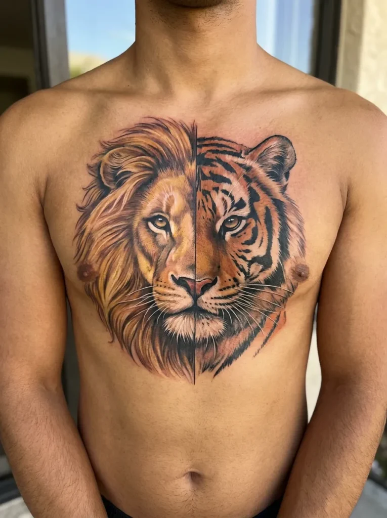 Half Lion Half Tiger Face Split Tattoo