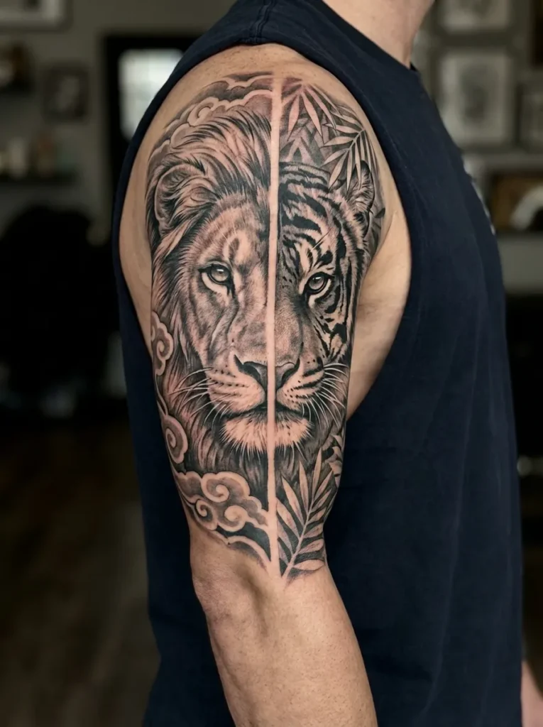 Half Lion Half Tiger Sleeve Tattoo Design