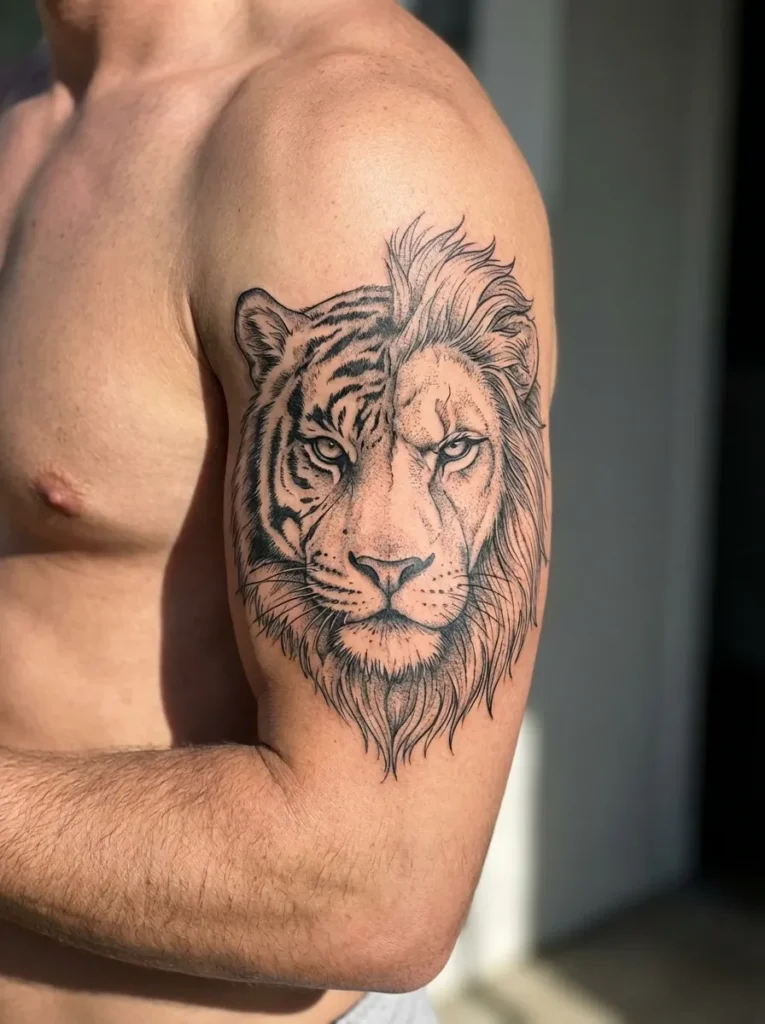 Half Lion Half Tiger with Close-Up Power Stare