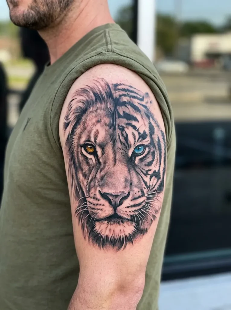 Half Lion Half Tiger with Fierce Eyes